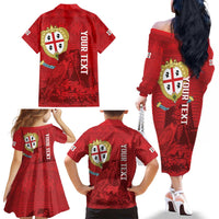 Personalised Sardinia Italy Family Matching Off The Shoulder Long Sleeve Dress and Hawaiian Shirt Sardegna Nuraghe With Falcon