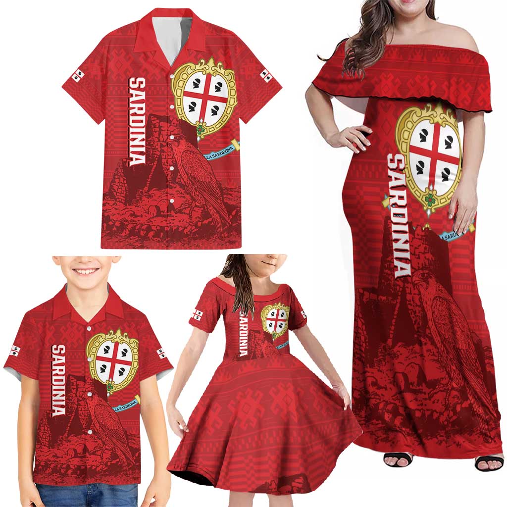 Personalised Sardinia Italy Family Matching Off Shoulder Maxi Dress and Hawaiian Shirt Sardegna Nuraghe With Falcon