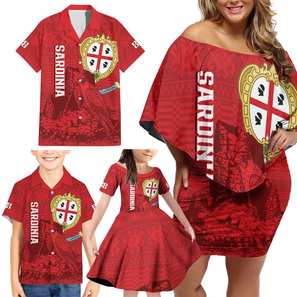 Personalised Sardinia Italy Family Matching Off Shoulder Short Dress and Hawaiian Shirt Sardegna Nuraghe With Falcon