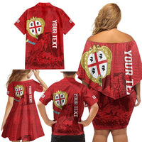 Personalised Sardinia Italy Family Matching Off Shoulder Short Dress and Hawaiian Shirt Sardegna Nuraghe With Falcon