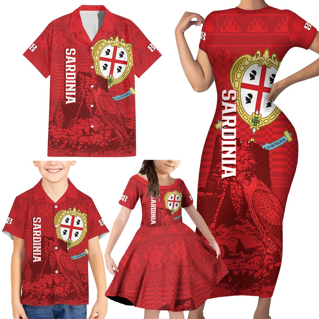 Personalised Sardinia Italy Family Matching Short Sleeve Bodycon Dress and Hawaiian Shirt Sardegna Nuraghe With Falcon