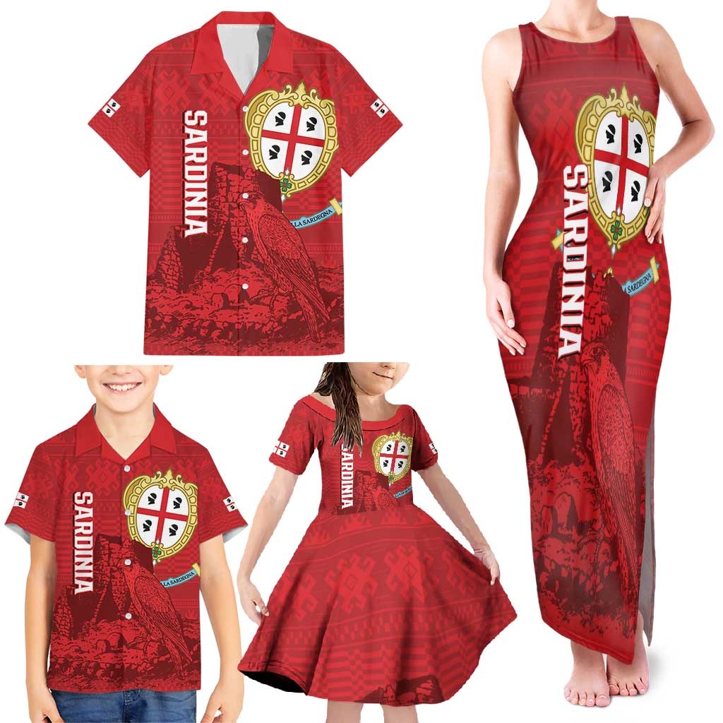 Personalised Sardinia Italy Family Matching Tank Maxi Dress and Hawaiian Shirt Sardegna Nuraghe With Falcon