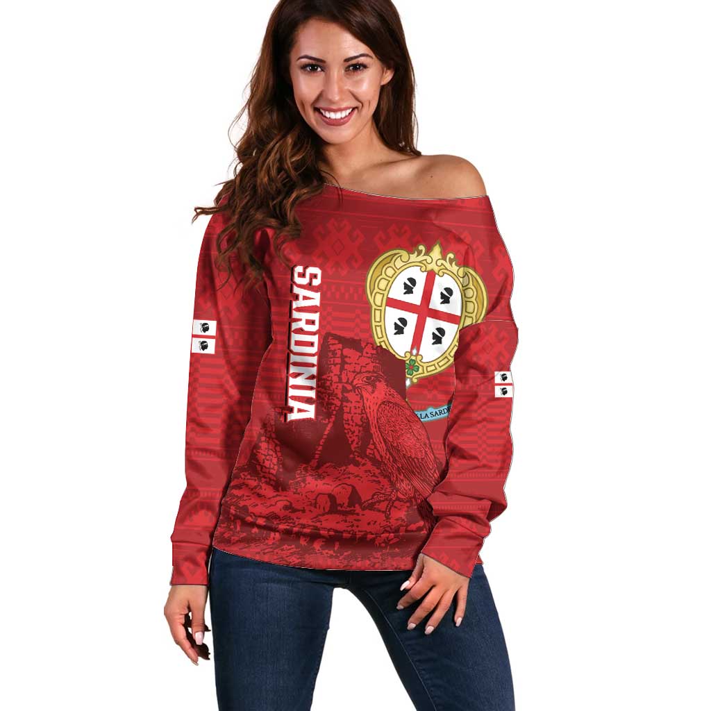 Personalised Sardinia Italy Off Shoulder Sweater Sardegna Nuraghe With Falcon