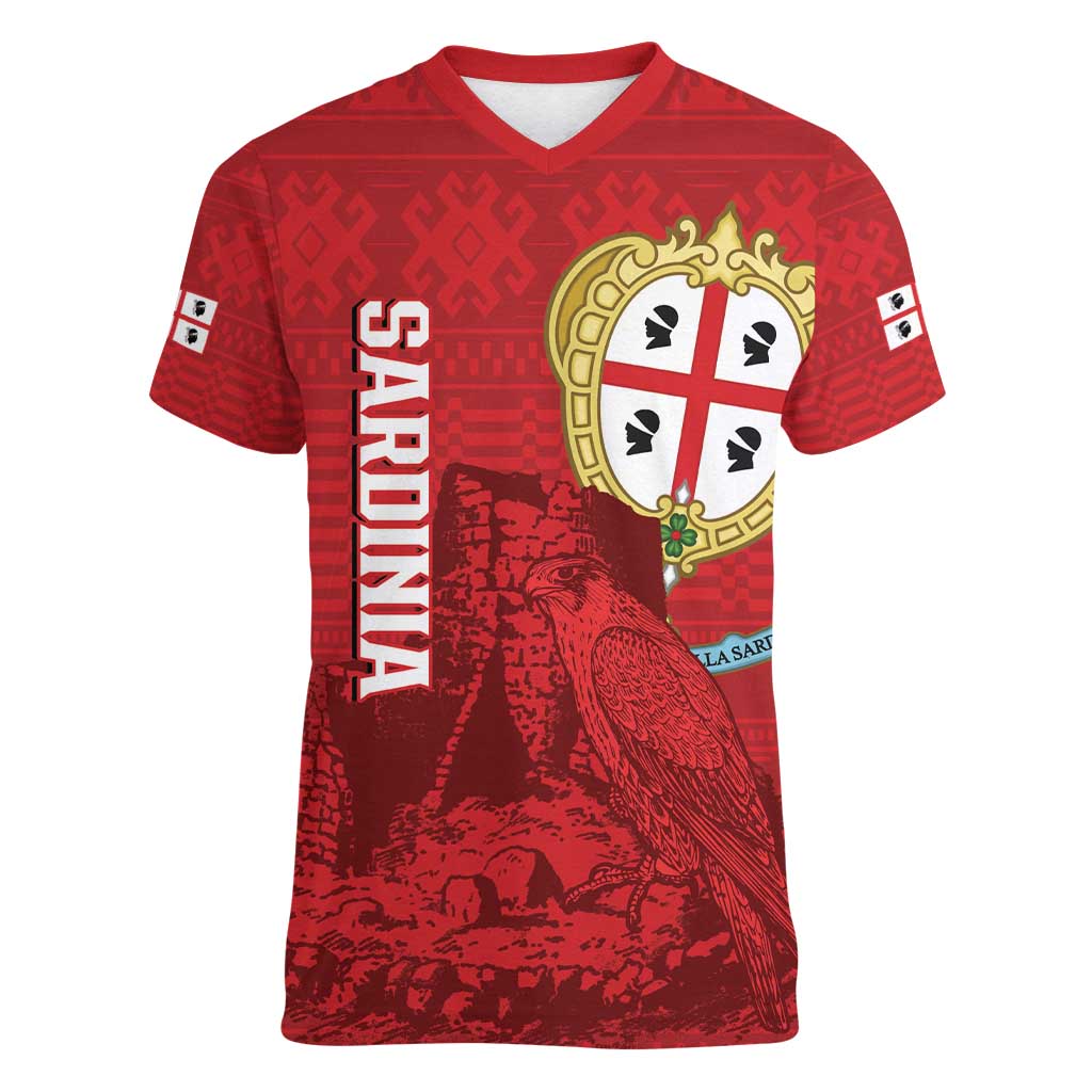 Personalised Sardinia Italy Women V-Neck T-Shirt Sardegna Nuraghe With Falcon