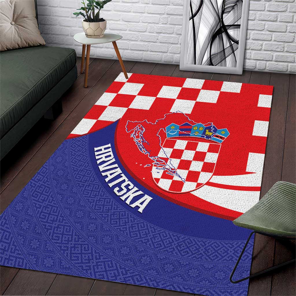 Croatia National Day Area Rug Hrvatska Checkerboard With Slavic Pattern