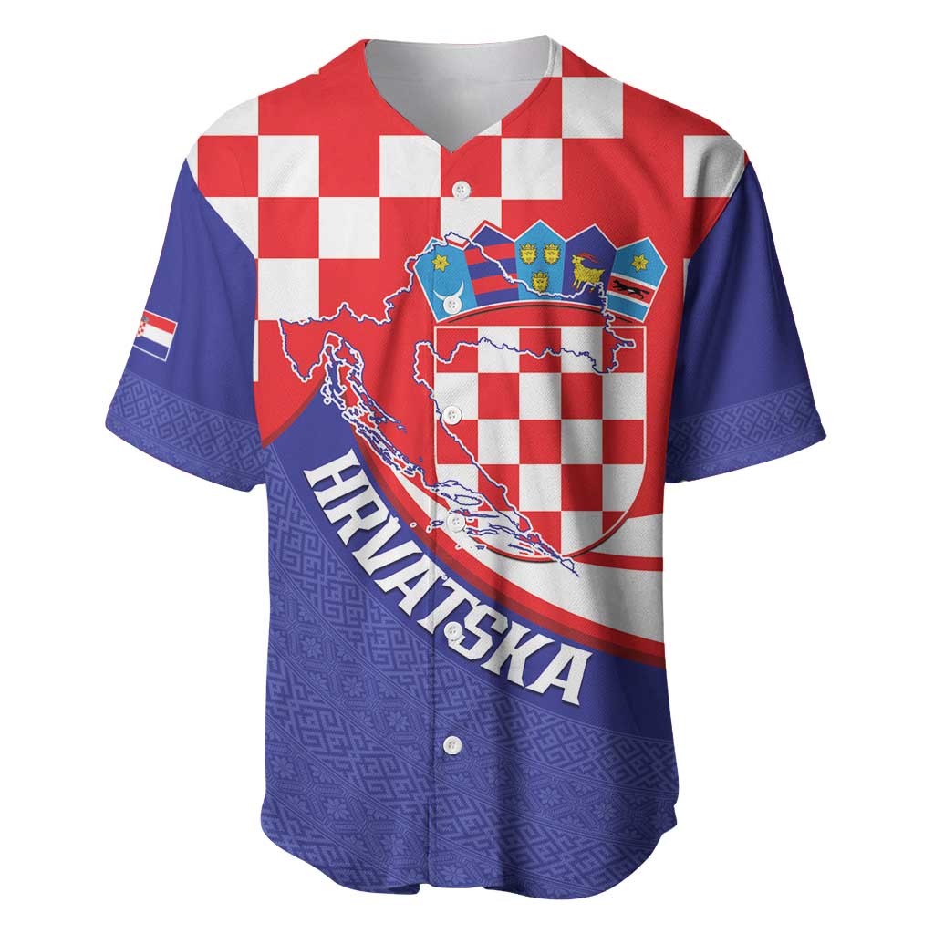Croatia National Day Baseball Jersey Hrvatska Checkerboard With Slavic Pattern