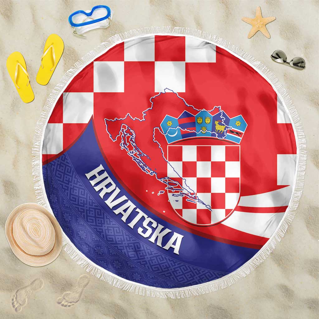 Croatia National Day Beach Blanket Hrvatska Checkerboard With Slavic Pattern