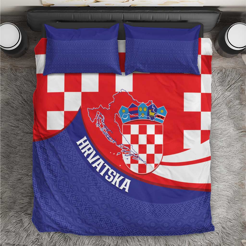Croatia National Day Bedding Set Hrvatska Checkerboard With Slavic Pattern