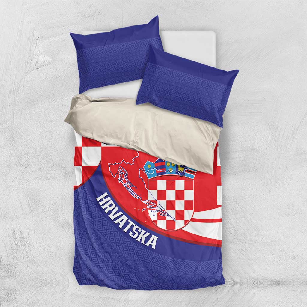 Croatia National Day Bedding Set Hrvatska Checkerboard With Slavic Pattern