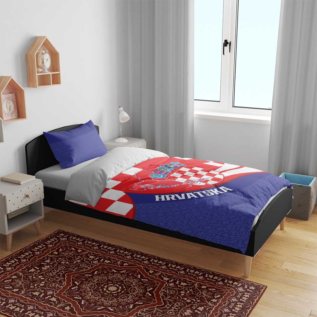 Croatia National Day Bedding Set Hrvatska Checkerboard With Slavic Pattern