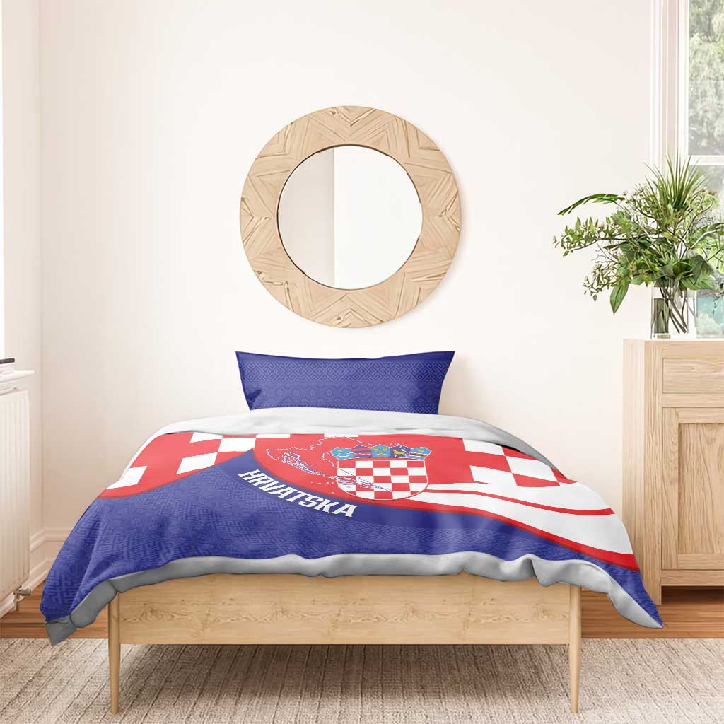 Croatia National Day Bedding Set Hrvatska Checkerboard With Slavic Pattern