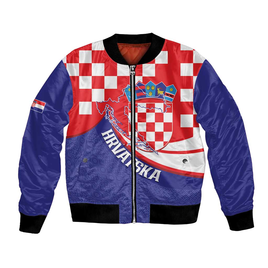 Croatia National Day Bomber Jacket Hrvatska Checkerboard With Slavic Pattern