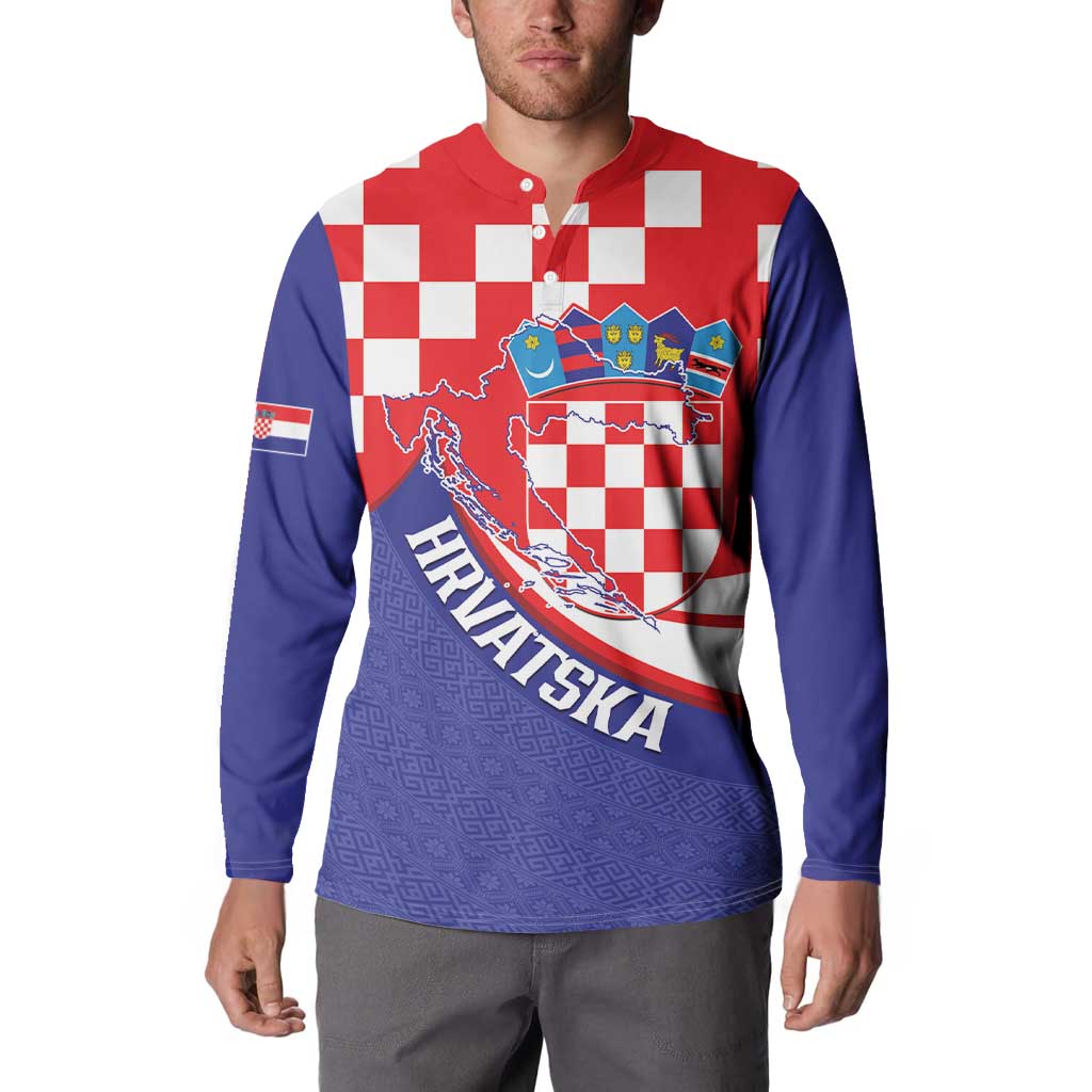 Croatia National Day Button Sweatshirt Hrvatska Checkerboard With Slavic Pattern