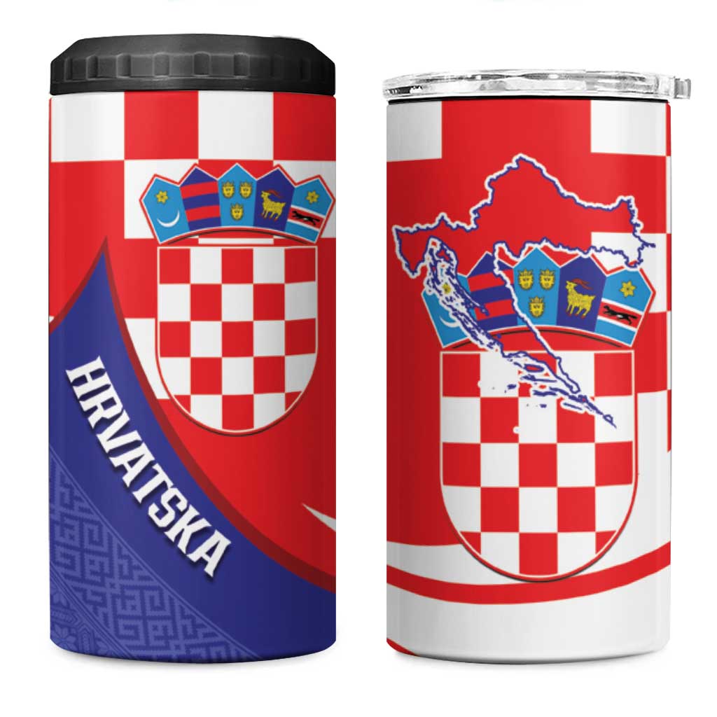 Croatia National Day 4 in 1 Can Cooler Tumbler Hrvatska Checkerboard With Slavic Pattern