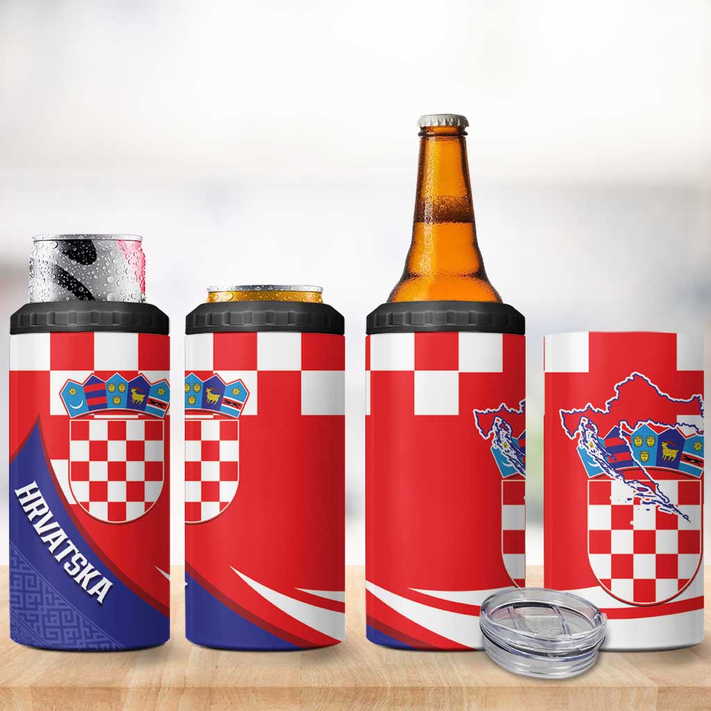 Croatia National Day 4 in 1 Can Cooler Tumbler Hrvatska Checkerboard With Slavic Pattern