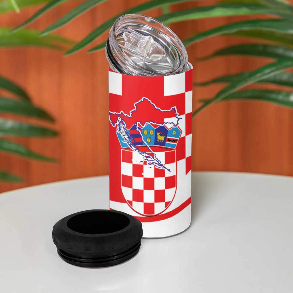 Croatia National Day 4 in 1 Can Cooler Tumbler Hrvatska Checkerboard With Slavic Pattern