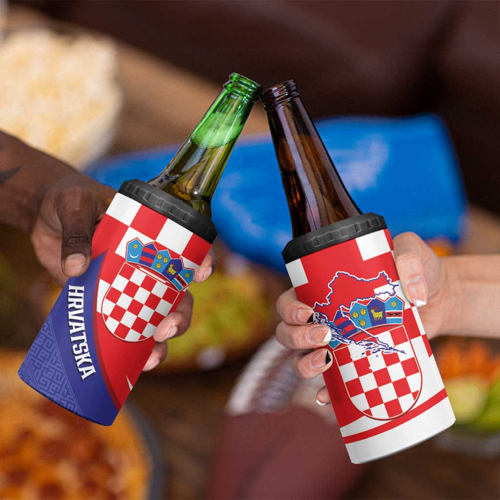 Croatia National Day 4 in 1 Can Cooler Tumbler Hrvatska Checkerboard With Slavic Pattern
