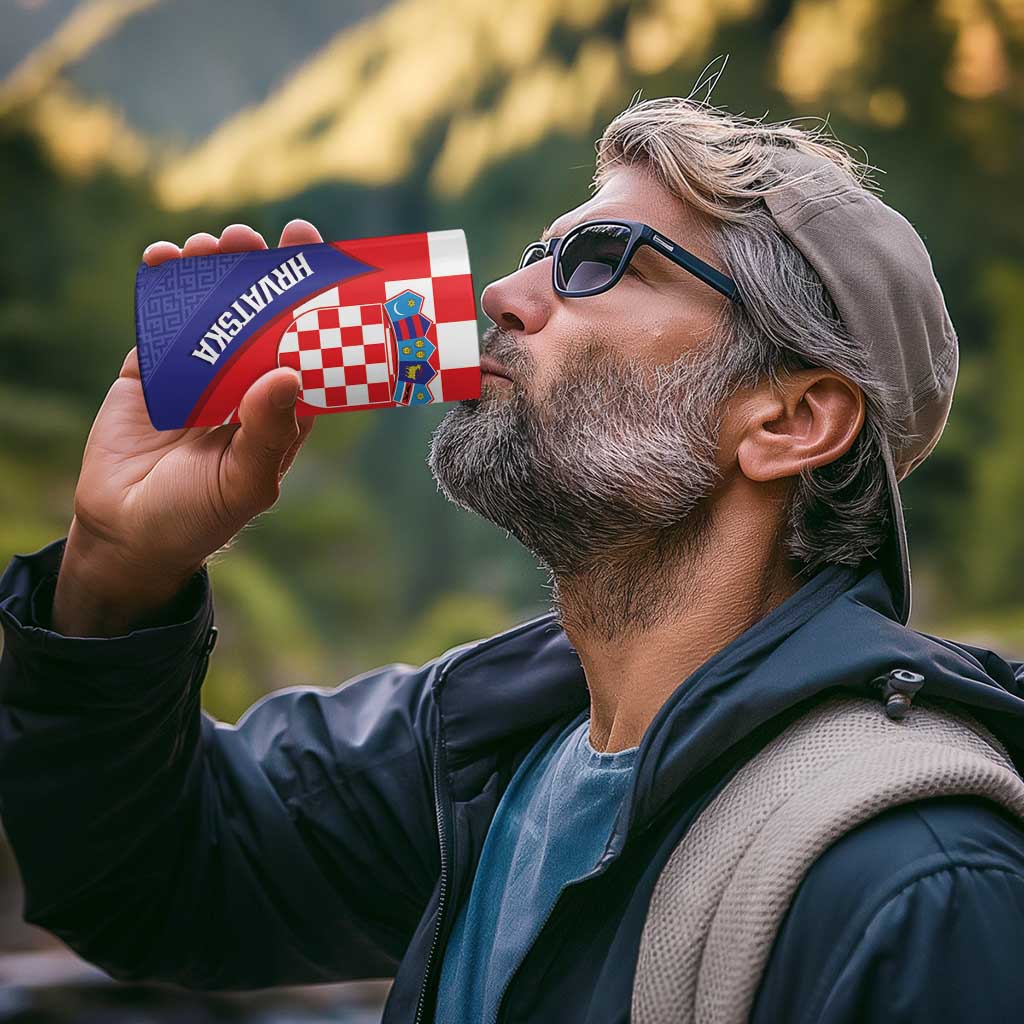 Croatia National Day 4 in 1 Can Cooler Tumbler Hrvatska Checkerboard With Slavic Pattern