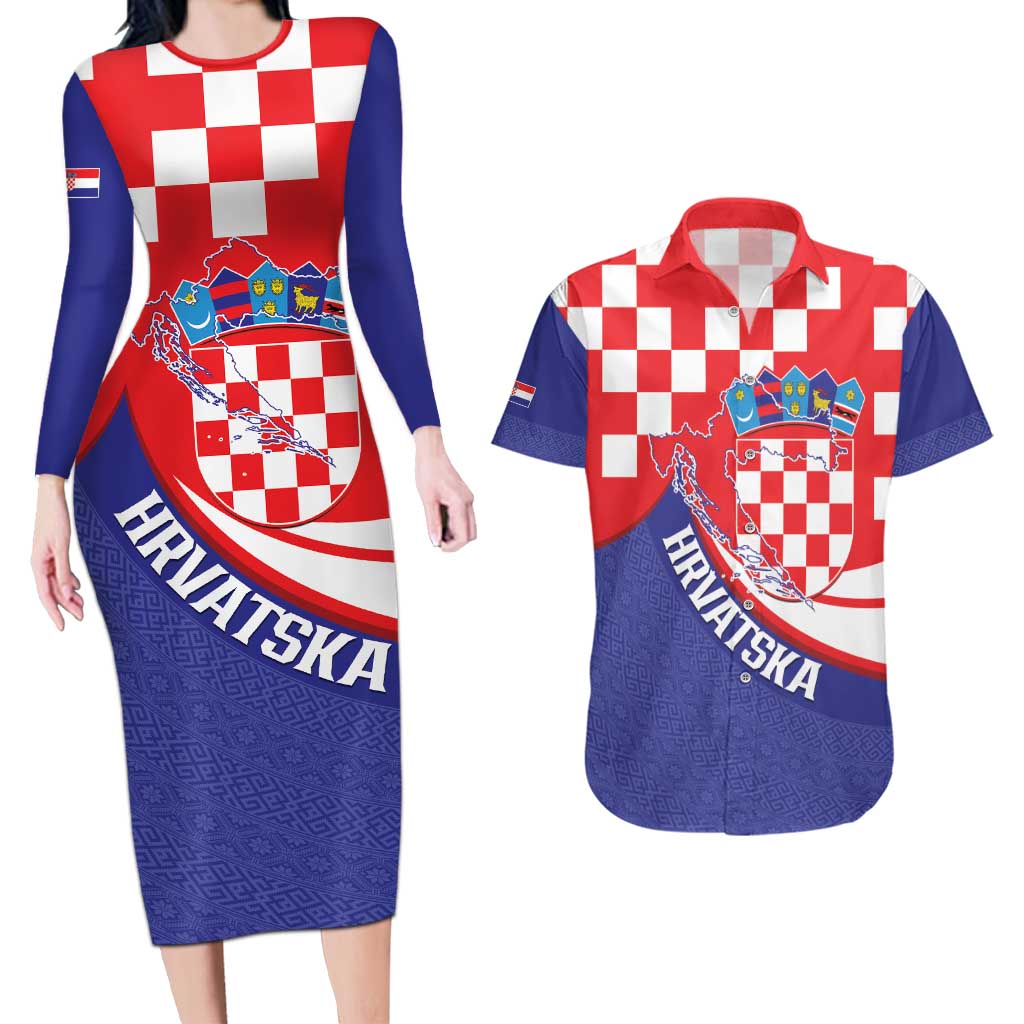 Croatia National Day Couples Matching Long Sleeve Bodycon Dress and Hawaiian Shirt Hrvatska Checkerboard With Slavic Pattern