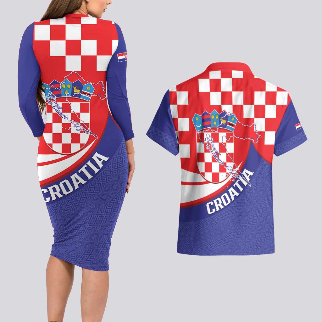 Croatia National Day Couples Matching Long Sleeve Bodycon Dress and Hawaiian Shirt Hrvatska Checkerboard With Slavic Pattern