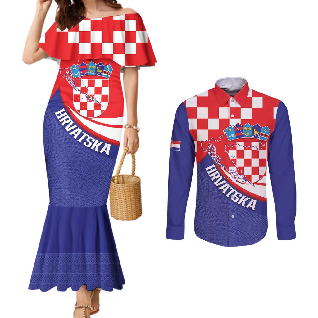 Croatia National Day Couples Matching Mermaid Dress and Long Sleeve Button Shirt Hrvatska Checkerboard With Slavic Pattern
