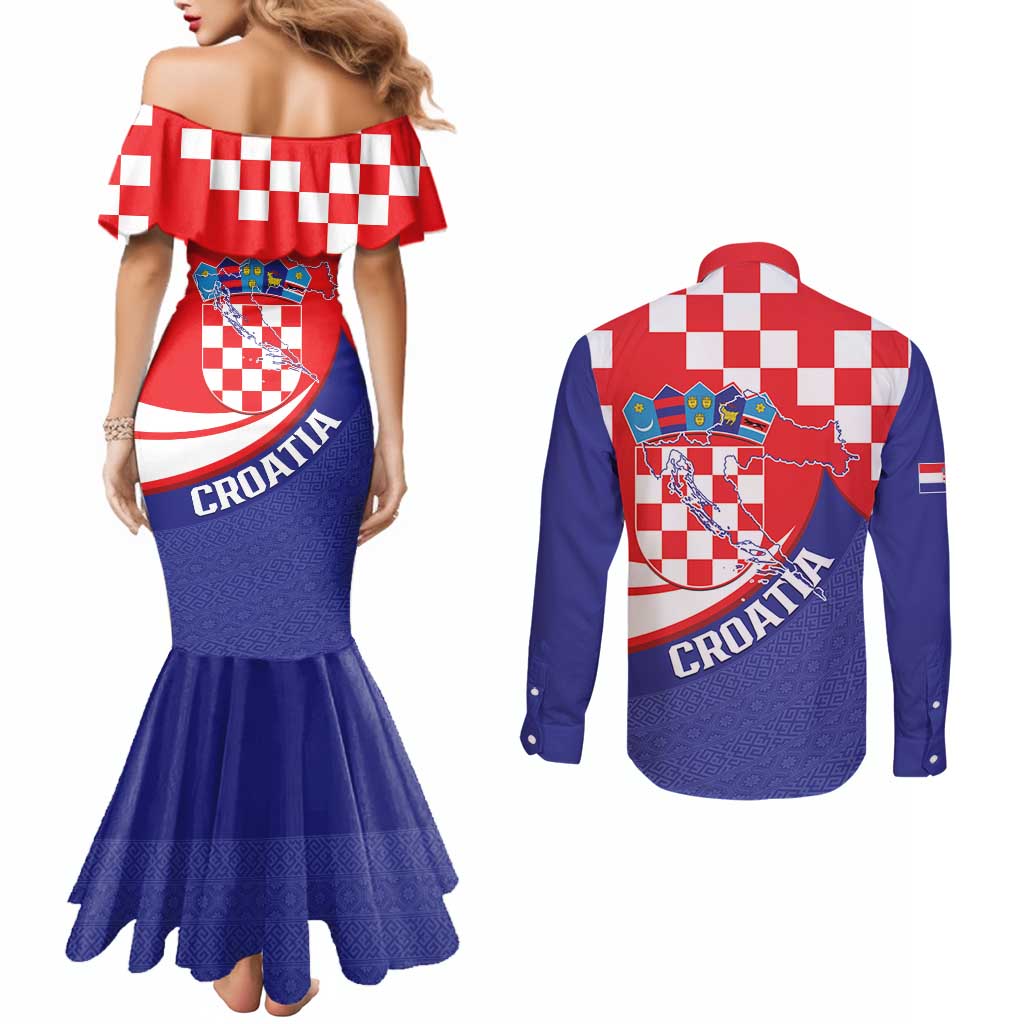 Croatia National Day Couples Matching Mermaid Dress and Long Sleeve Button Shirt Hrvatska Checkerboard With Slavic Pattern