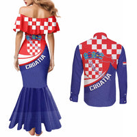 Croatia National Day Couples Matching Mermaid Dress and Long Sleeve Button Shirt Hrvatska Checkerboard With Slavic Pattern