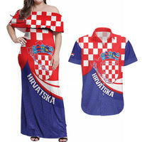 Croatia National Day Couples Matching Off Shoulder Maxi Dress and Hawaiian Shirt Hrvatska Checkerboard With Slavic Pattern