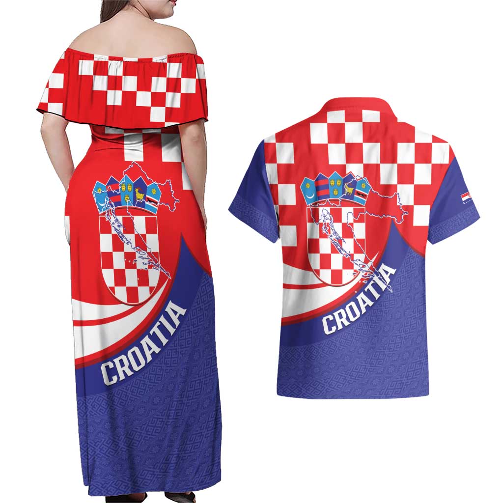 Croatia National Day Couples Matching Off Shoulder Maxi Dress and Hawaiian Shirt Hrvatska Checkerboard With Slavic Pattern