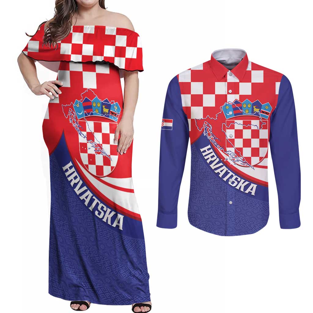 Croatia National Day Couples Matching Off Shoulder Maxi Dress and Long Sleeve Button Shirt Hrvatska Checkerboard With Slavic Pattern