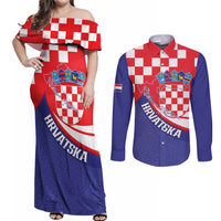 Croatia National Day Couples Matching Off Shoulder Maxi Dress and Long Sleeve Button Shirt Hrvatska Checkerboard With Slavic Pattern