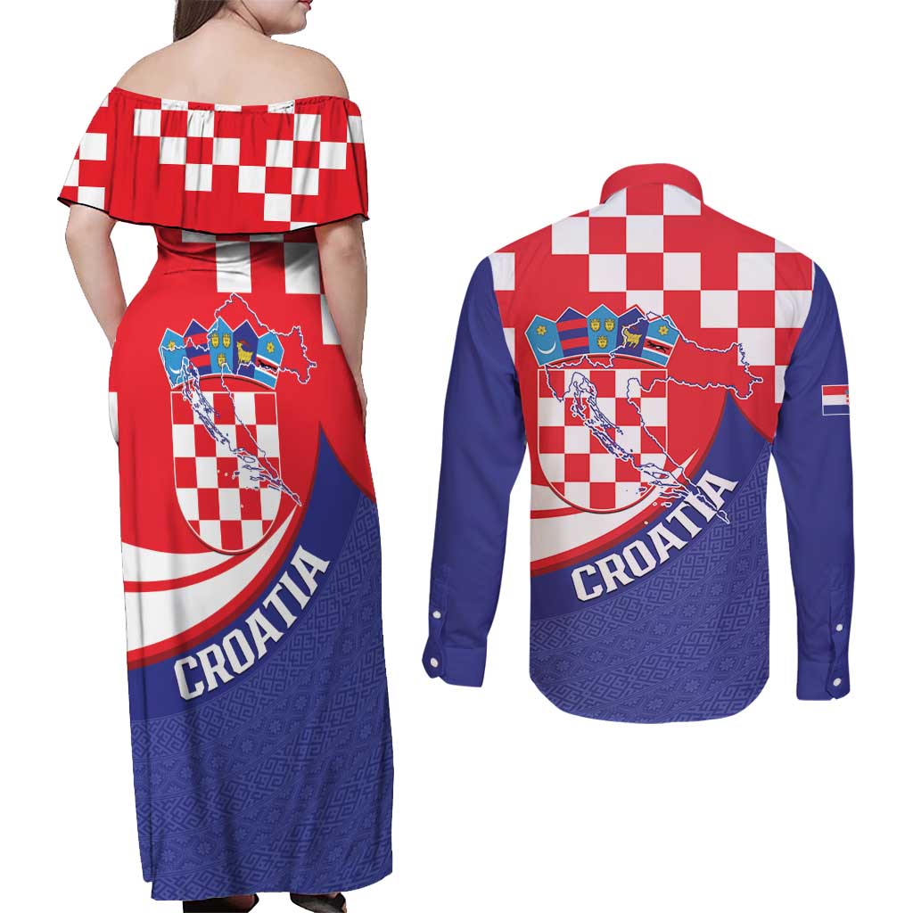 Croatia National Day Couples Matching Off Shoulder Maxi Dress and Long Sleeve Button Shirt Hrvatska Checkerboard With Slavic Pattern