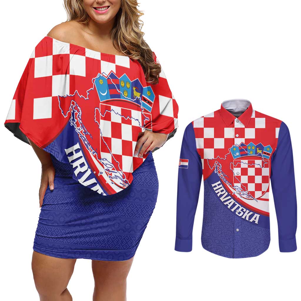 Croatia National Day Couples Matching Off Shoulder Short Dress and Long Sleeve Button Shirt Hrvatska Checkerboard With Slavic Pattern
