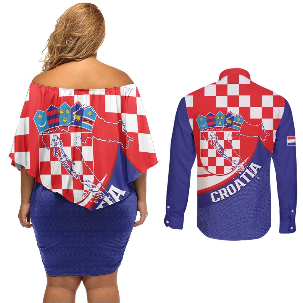 Croatia National Day Couples Matching Off Shoulder Short Dress and Long Sleeve Button Shirt Hrvatska Checkerboard With Slavic Pattern