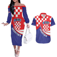 Croatia National Day Couples Matching Off The Shoulder Long Sleeve Dress and Hawaiian Shirt Hrvatska Checkerboard With Slavic Pattern