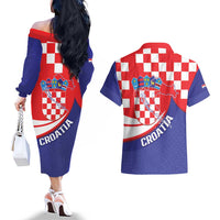 Croatia National Day Couples Matching Off The Shoulder Long Sleeve Dress and Hawaiian Shirt Hrvatska Checkerboard With Slavic Pattern