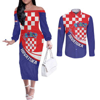 Croatia National Day Couples Matching Off The Shoulder Long Sleeve Dress and Long Sleeve Button Shirt Hrvatska Checkerboard With Slavic Pattern