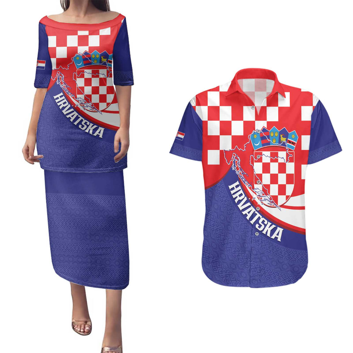 Croatia National Day Couples Matching Puletasi and Hawaiian Shirt Hrvatska Checkerboard With Slavic Pattern