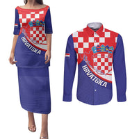 Croatia National Day Couples Matching Puletasi and Long Sleeve Button Shirt Hrvatska Checkerboard With Slavic Pattern
