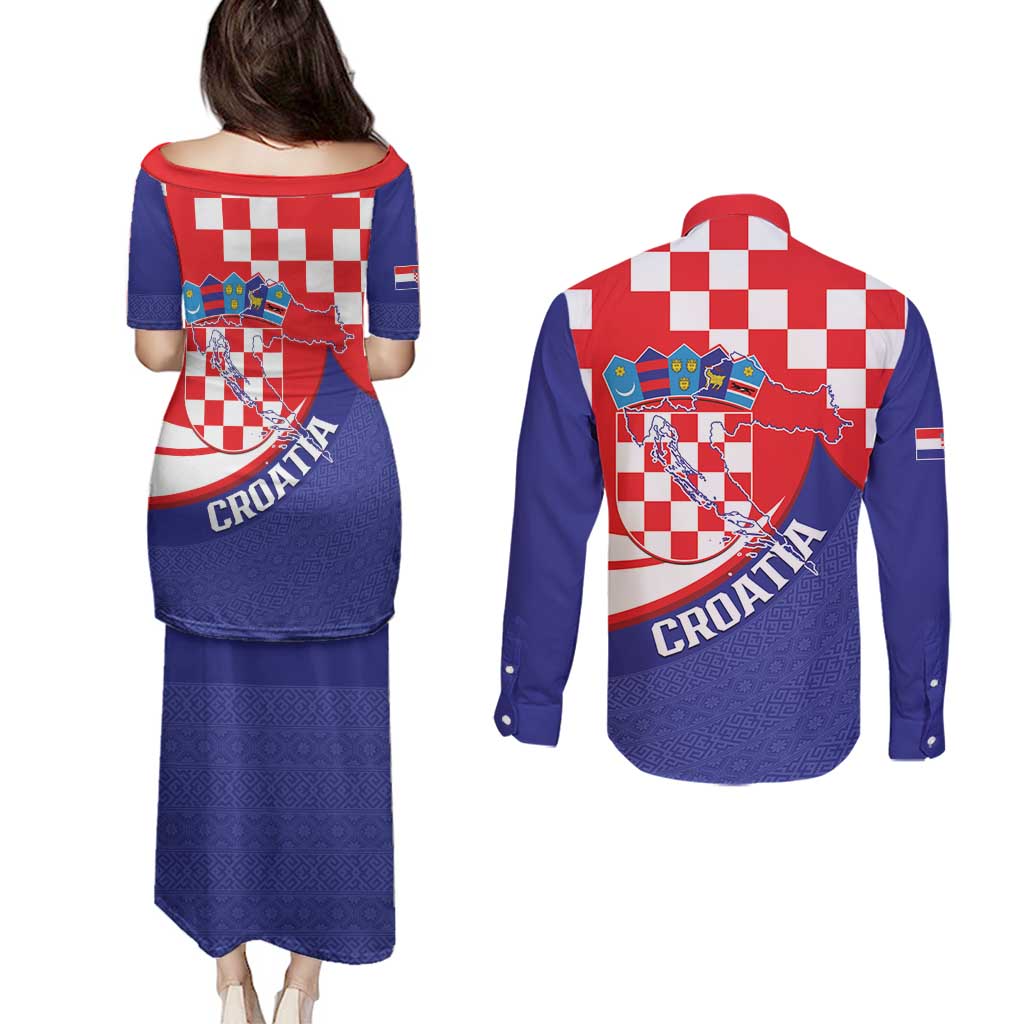 Croatia National Day Couples Matching Puletasi and Long Sleeve Button Shirt Hrvatska Checkerboard With Slavic Pattern