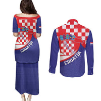 Croatia National Day Couples Matching Puletasi and Long Sleeve Button Shirt Hrvatska Checkerboard With Slavic Pattern