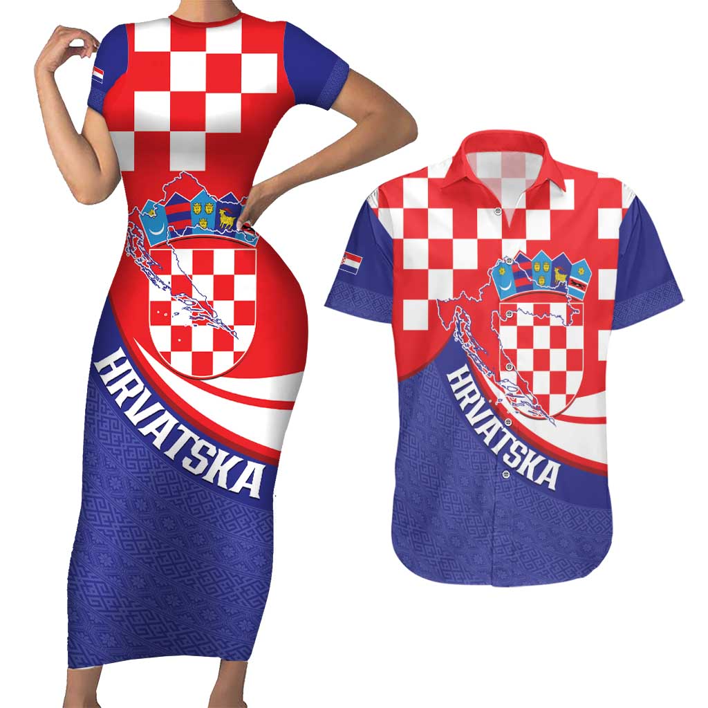 Croatia National Day Couples Matching Short Sleeve Bodycon Dress and Hawaiian Shirt Hrvatska Checkerboard With Slavic Pattern