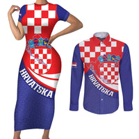 Croatia National Day Couples Matching Short Sleeve Bodycon Dress and Long Sleeve Button Shirt Hrvatska Checkerboard With Slavic Pattern