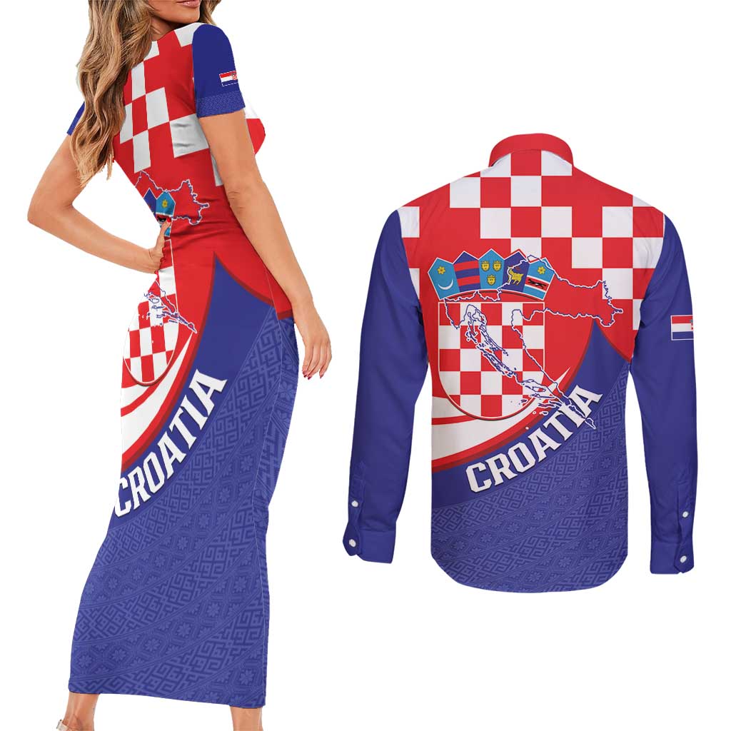 Croatia National Day Couples Matching Short Sleeve Bodycon Dress and Long Sleeve Button Shirt Hrvatska Checkerboard With Slavic Pattern