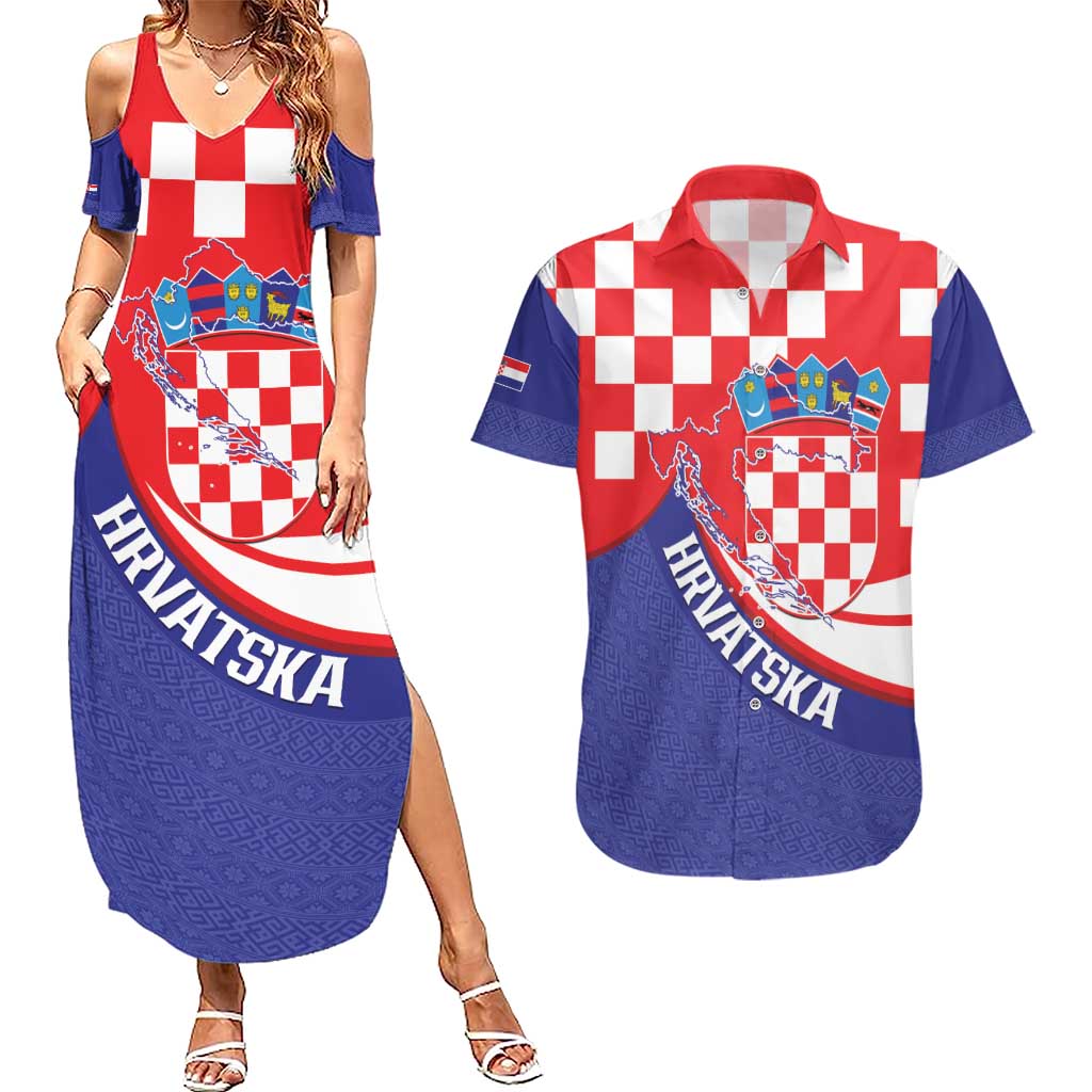 Croatia National Day Couples Matching Summer Maxi Dress and Hawaiian Shirt Hrvatska Checkerboard With Slavic Pattern