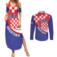 Croatia National Day Couples Matching Summer Maxi Dress and Long Sleeve Button Shirt Hrvatska Checkerboard With Slavic Pattern