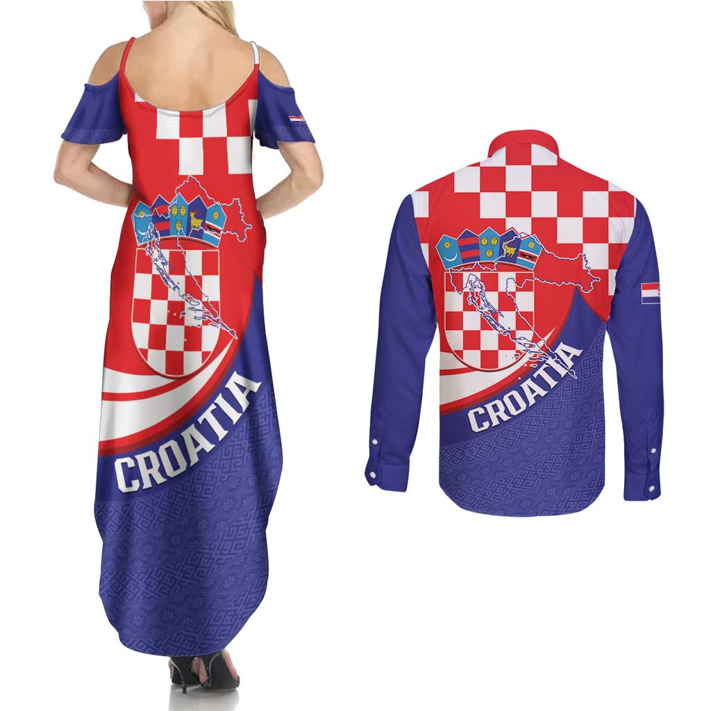 Croatia National Day Couples Matching Summer Maxi Dress and Long Sleeve Button Shirt Hrvatska Checkerboard With Slavic Pattern