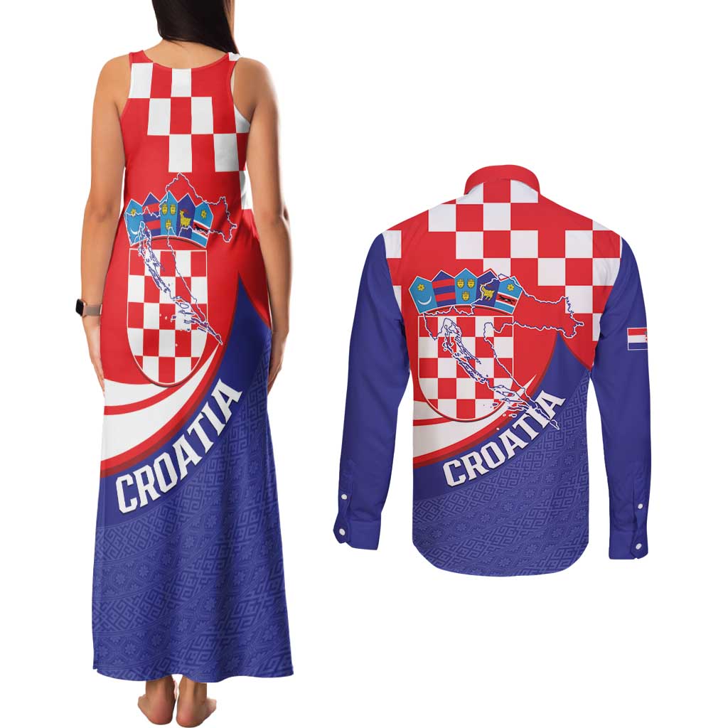 Croatia National Day Couples Matching Tank Maxi Dress and Long Sleeve Button Shirt Hrvatska Checkerboard With Slavic Pattern