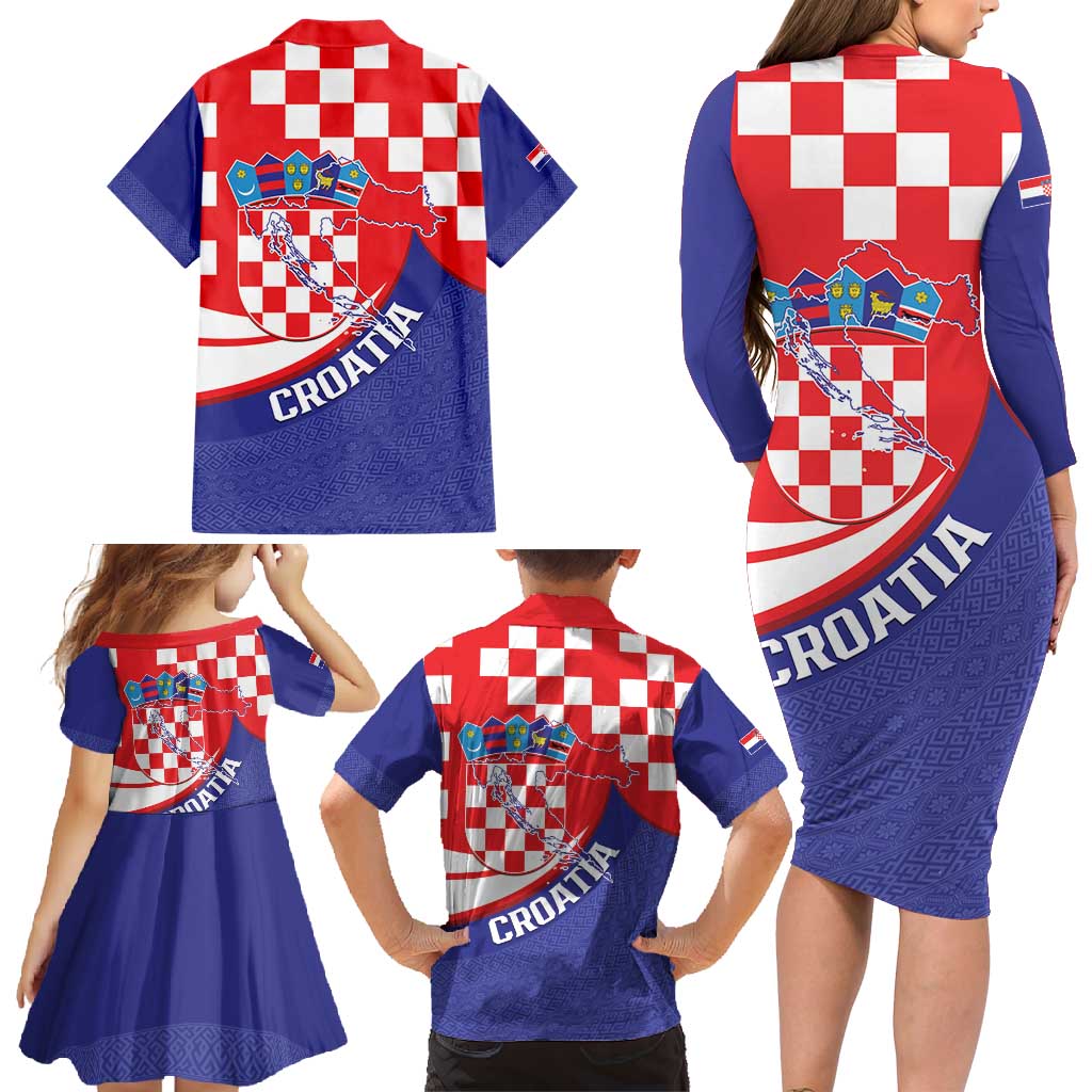Croatia National Day Family Matching Long Sleeve Bodycon Dress and Hawaiian Shirt Hrvatska Checkerboard With Slavic Pattern