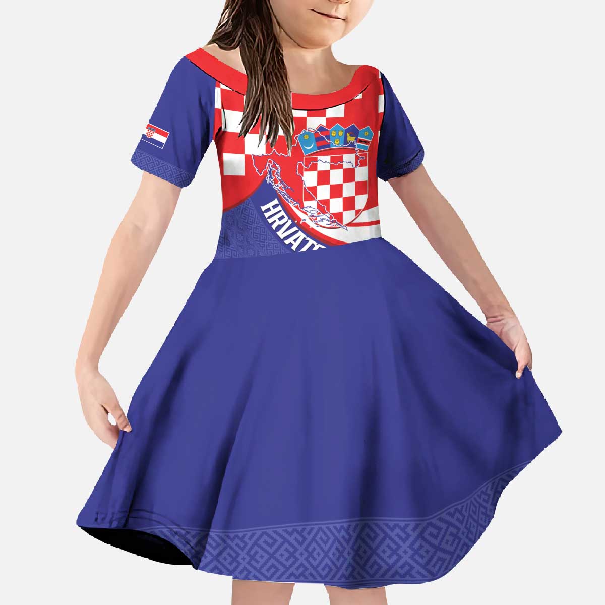 Croatia National Day Family Matching Off The Shoulder Long Sleeve Dress and Hawaiian Shirt Hrvatska Checkerboard With Slavic Pattern